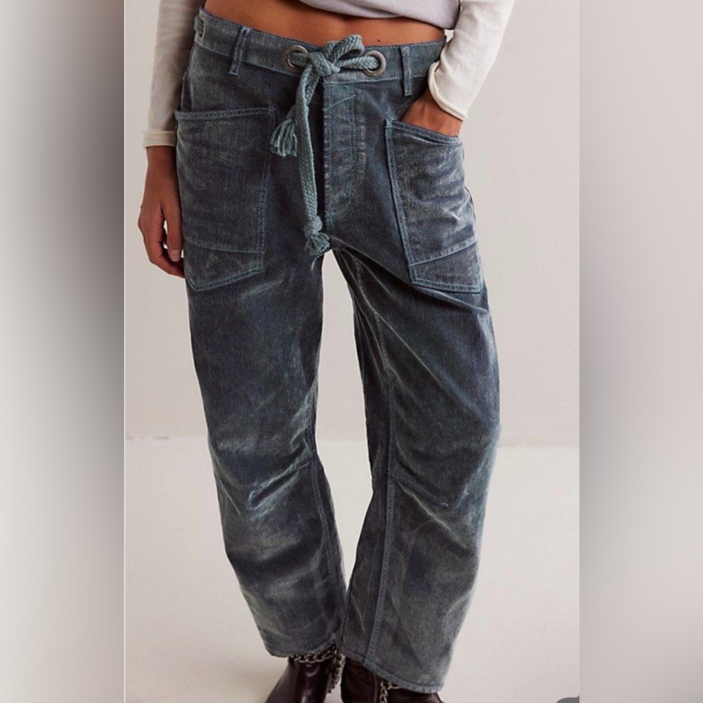 Free People Moxie Flocked Pull-On Barrel Jeans Mountain Green Size 31 - Picture 14 of 14